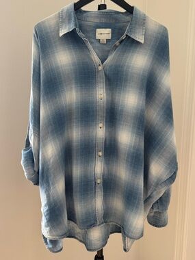American Eagle Oversized Fit Plaid Button Down Shirt Medium Blue White